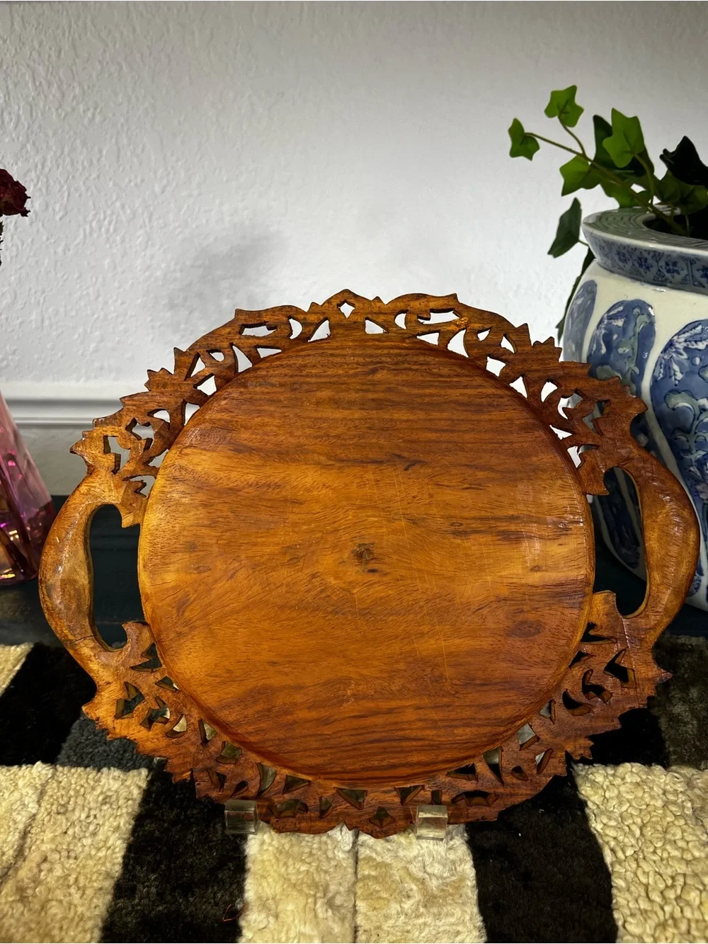 Hand-Carved Wooden Serving Tray - Rustic Brown